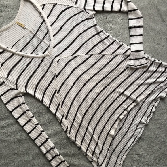 Free People Striped Sunset Park Boho CozyThermal Top Ivory Black Small Sz S - Picture 1 of 15